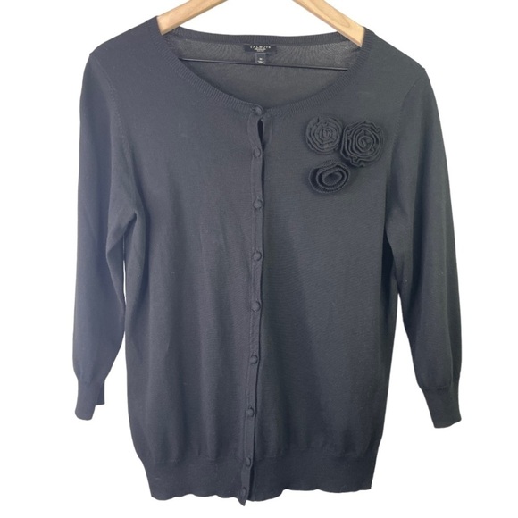 Talbots Women’s Petite 3/4 Sleeve Black Short Floral Button Cardigan - Picture 1 of 3